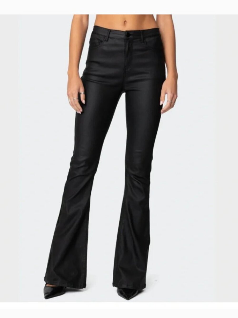 NWT Edikted Luna Faux Leather Mid Rise Flared Jeans sz M Stretch Black Pants